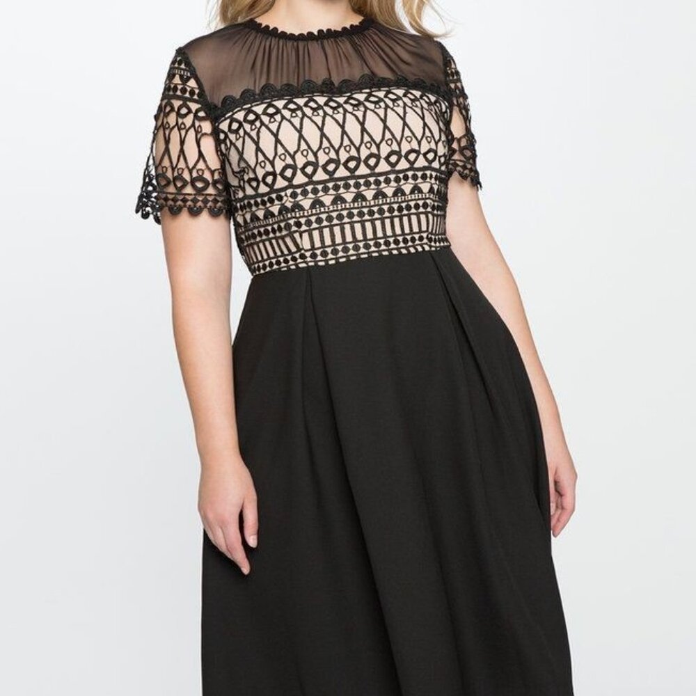 EUC Eloquii Short Sleeve Black Lace Overlay Nude Illusion Top Dress – Size 18